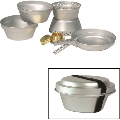 Aluminiowy zestaw do gotowania (2 garnki, patelnia, palnik) Mil-Tec