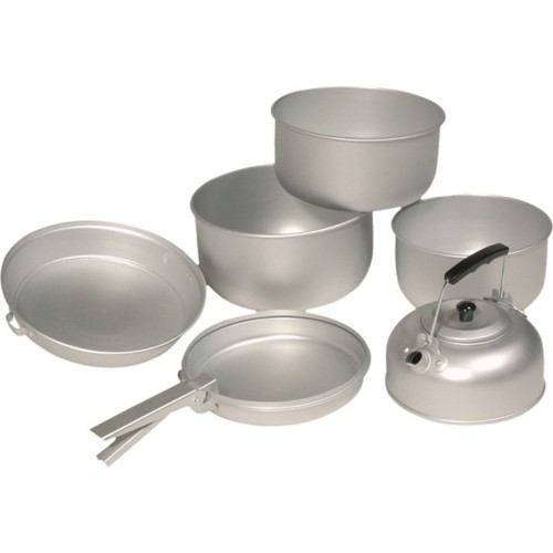 Aluminiowy zestaw naczyń Mil-Tec (3 garnki, patelnia, czajnik)