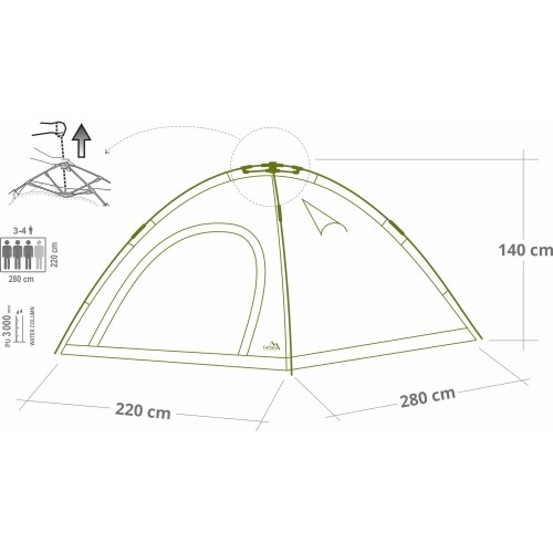 Szybko składany namiot BUDVA dla 3-4 osób 280x220x140cm PU3000mm