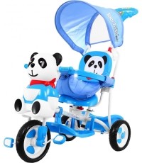 Trójkołowy rowerek dziecięcy „Panda“, niebieski, z dźwiękami, daszkiem, barierką, podnóżkiem, rączką i koszykiem