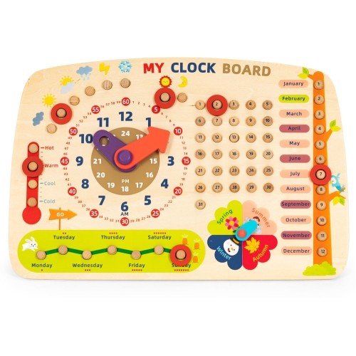 Drewniana tablica manipulacyjna dla dzieci kalendarz zegar ECOTOYS
