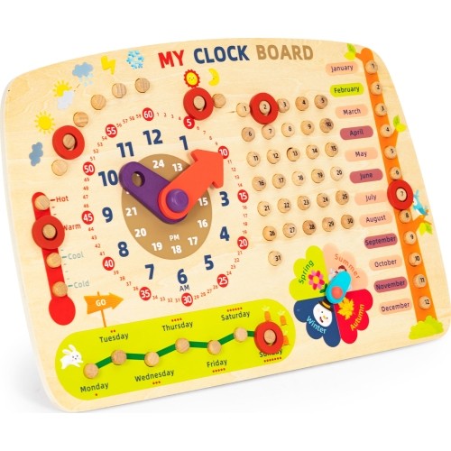 Drewniana tablica manipulacyjna dla dzieci kalendarz zegar ECOTOYS