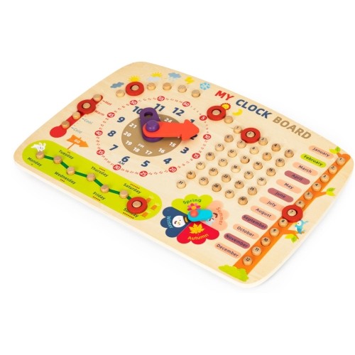 Drewniana tablica manipulacyjna dla dzieci kalendarz zegar ECOTOYS