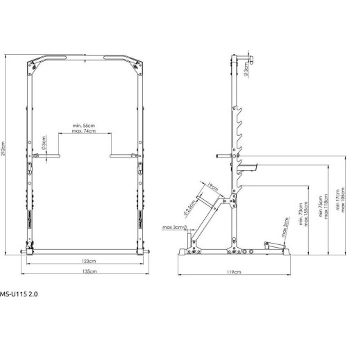 Klatka half-rack (drążek do pociągania ze stojakami i poręczami + uchwytem landmine) MS-U115 2.0 - Marbo Sport