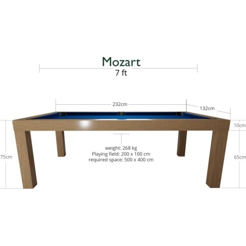 Stół bilardowy / stół do jadalni, Mozart, 7 stóp, dąb, obrus klubowy żółto-zielony