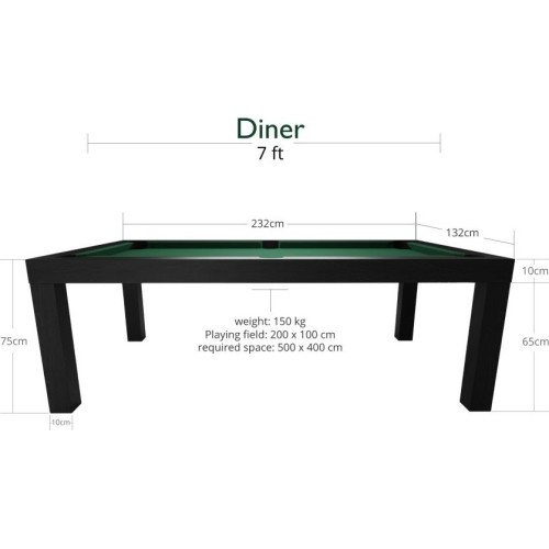 Stół bilardowy / jadalny Diner, 7 stóp, matowy czarny, żółto-zielone sukno