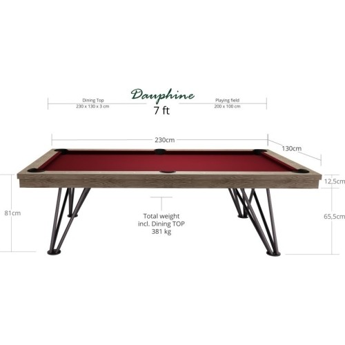 Stół bilardowy / stół do jadalni, Dauphine, dąb Silver Mist, 7 stóp, obrus Club bordowy
