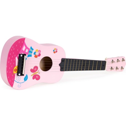 Gitara dla dzieci drewniana metalowe struny kostka- różowa