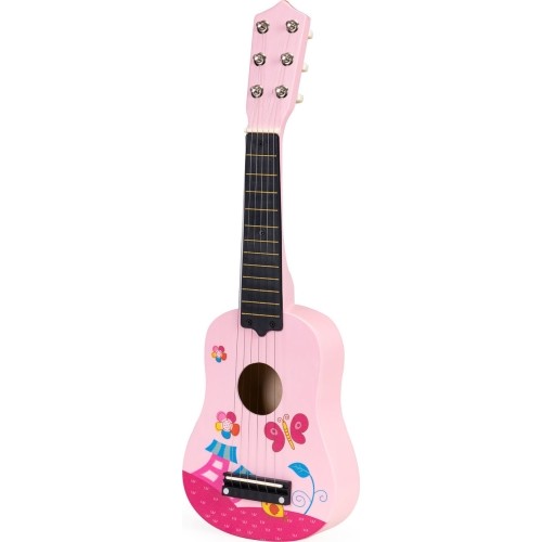 Gitara dla dzieci drewniana metalowe struny kostka- różowa