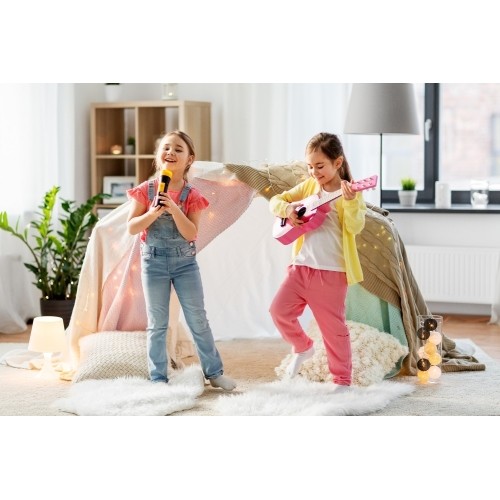 Gitara dla dzieci drewniana metalowe struny kostka- różowa