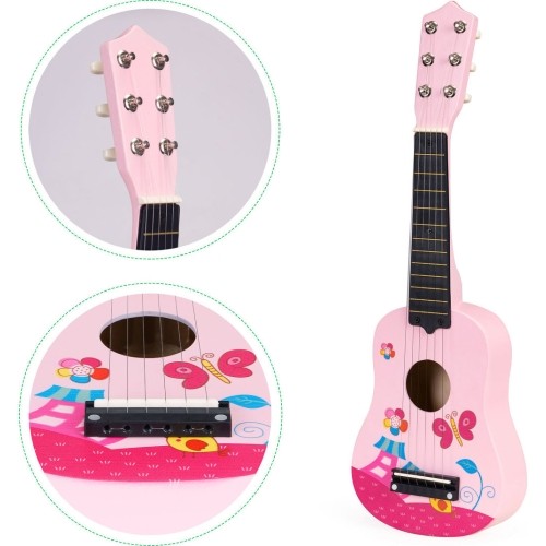 Gitara dla dzieci drewniana metalowe struny kostka- różowa