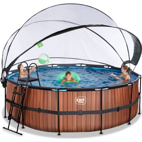 EXIT Basen drewniany ø427x122cm z pompą filtrem piaskowym i kopułą oraz pompą ciepła - brązowy