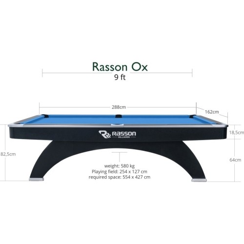 Stół bilardowy, Pool, Rasson Ox, 9 ft., czarny, rozmiar kieszonkowy MATCHROOM, Simonis 760 żółto-zielony