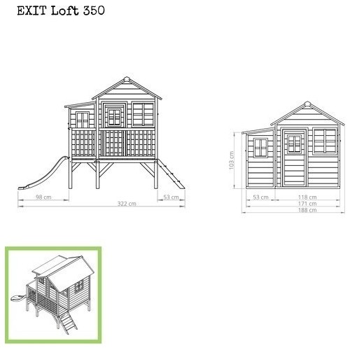 Drewniany domek do zabawy z tarasem i zjeżdżalnią Exit Loft 350 Natural