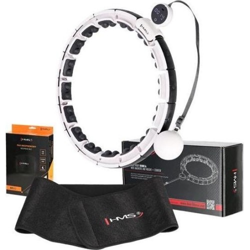 ZESTAW HULA HOOP MAGNETYCZNY BIAŁY HHM16 Z OBCIĄŻNIKIEM + LICZNIK HMS + WSPORNIK TALII BR163 CZARNY