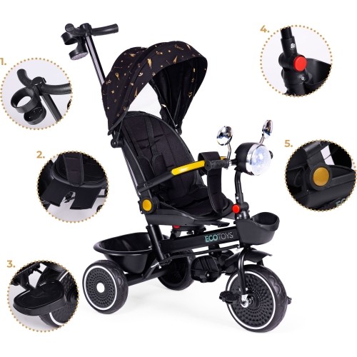 Rowerek trójkołowy dziecięcy z obrotowym siedziskiem i rączką, czarny ECOTOYS