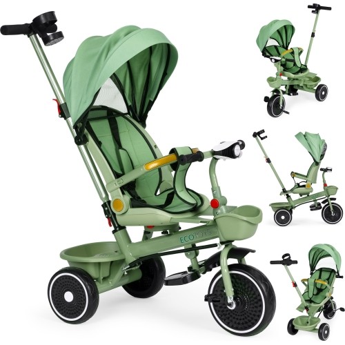 Rowerek trójkołowy spacerówka 2w1 obracane siedzisko składany daszek zielony - ECOTOYS