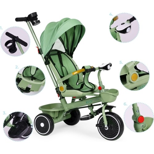 Rowerek trójkołowy z pchaczem 2w1, obrotowe siedzisko, składany daszek, zielony - ECOTOYS