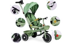 Rowerek trójkołowy spacerówka 2w1 obracane siedzisko składany daszek zielony - ECOTOYS