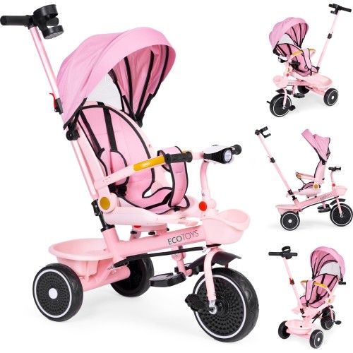 Rowerek trójkołowy 2w1 z obrotowym siedziskiem i składanym daszkiem, różowy - ECOTOYS