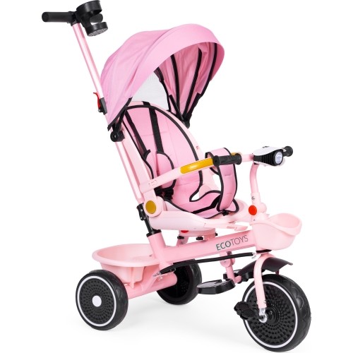 Rowerek trójkołowy 2w1 z obrotowym siedziskiem i składanym daszkiem, różowy - ECOTOYS