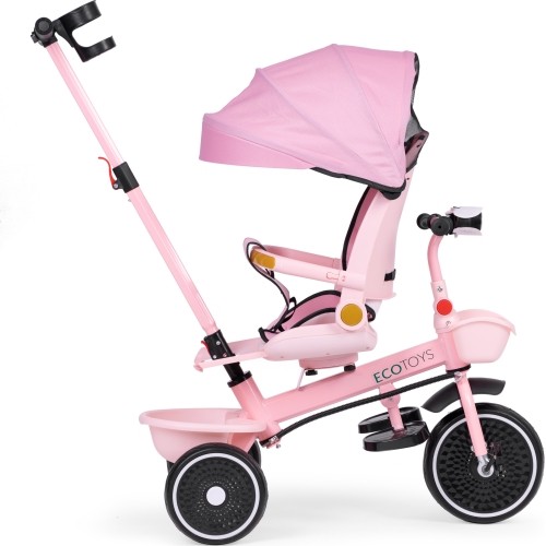 Rowerek trójkołowy 2w1 z obrotowym siedziskiem i składanym daszkiem, różowy - ECOTOYS