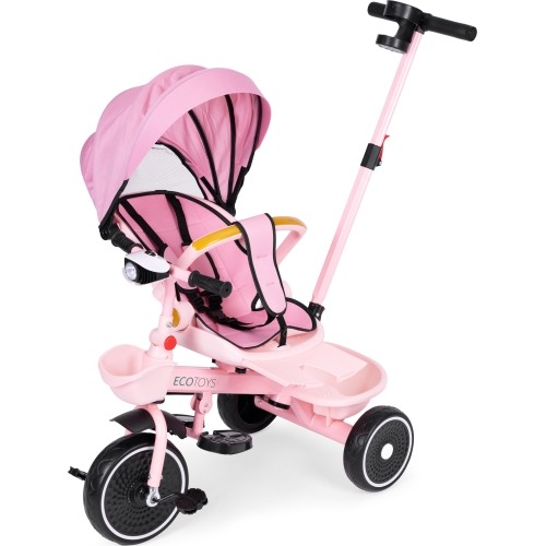 Rowerek trójkołowy 2w1 z obrotowym siedziskiem i składanym daszkiem, różowy - ECOTOYS