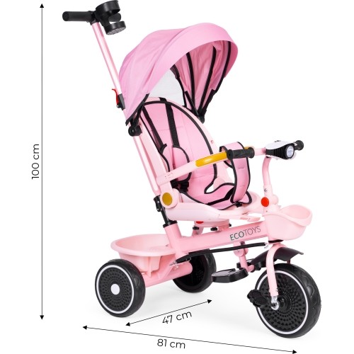 Rowerek trójkołowy spacerówka 2w1 obracane siedzisko składany daszek różowy - ECOTOYS
