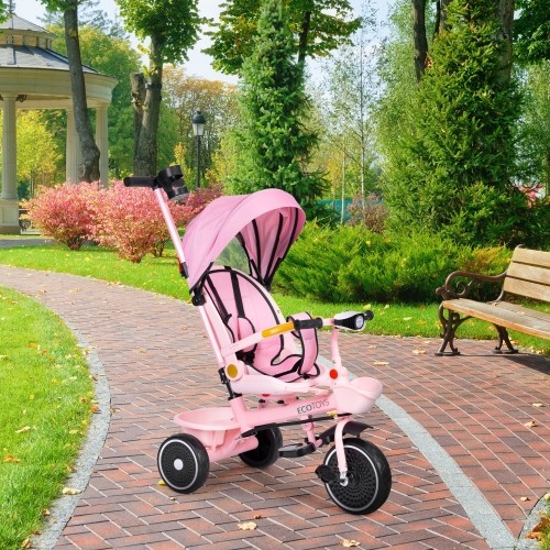 Rowerek trójkołowy 2w1 z obrotowym siedziskiem i składanym daszkiem, różowy - ECOTOYS