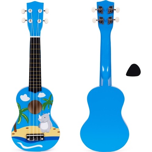 Drewniana ukulele gitara dla dzieci, 4 struny nylonowe z kostką, ECOTOYS