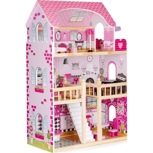 Drewniany domek dla lalek z meblami i oświetleniem LED EcoToys
