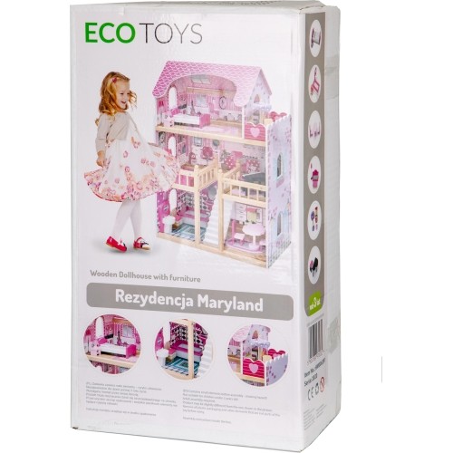 Drewniany domek dla lalek z meblami i oświetleniem LED EcoToys