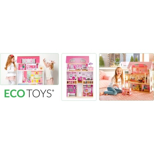 Drewniany domek dla lalek z meblami i oświetleniem LED EcoToys