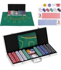 Zestaw do pokera Blackjack, 500 żetonów, 2 talie kart, kości, mata do gry, zamykana walizka