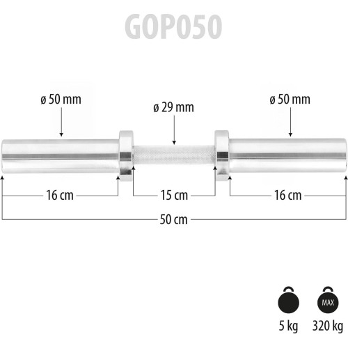 Krótki gryf olimpijski GOP050 z zaciskami sprężynowymi, 5 kg, 50 cm, HMS