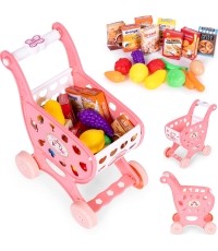 Wózek na zakupy sklepowy do supermarketu kuchni + 18 akcesoriów różowy