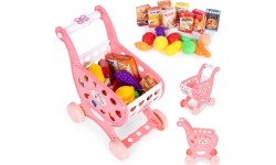 Wózek na zakupy sklepowy do supermarketu kuchni + 18 akcesoriów różowy