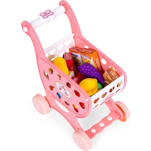 Wózek na zakupy sklepowy do supermarketu kuchni + 18 akcesoriów różowy