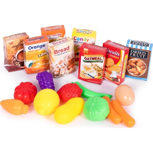 Wózek na zakupy sklepowy do supermarketu kuchni + 18 akcesoriów różowy