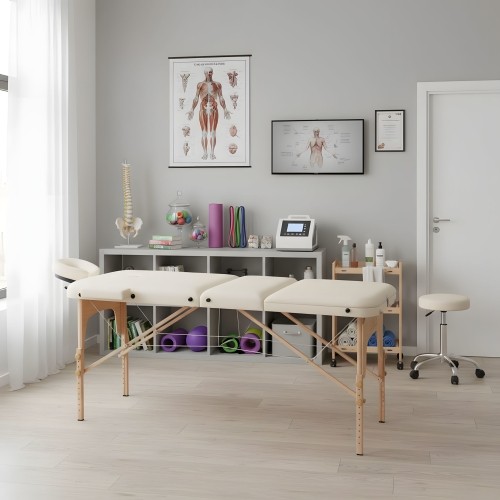 Drewniany stół do masażu i rehabilitacji, 3-segmentowy, składany do walizki + torba ModernHome