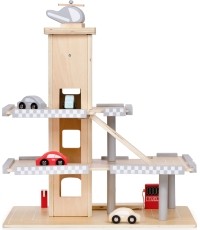 Duży drewniany tor z garażem, parkingiem i windą + samochody ECOTOYS