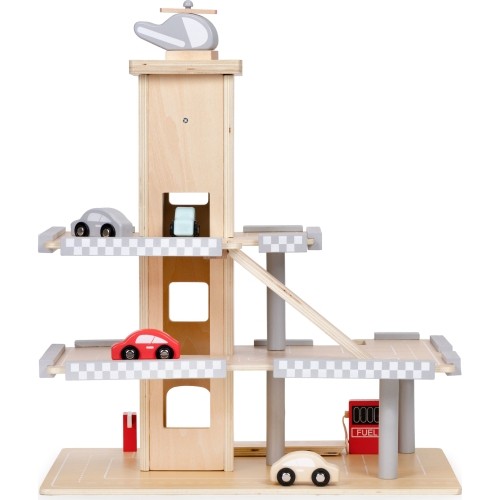Duży drewniany tor z garażem, parkingiem i windą + samochody ECOTOYS