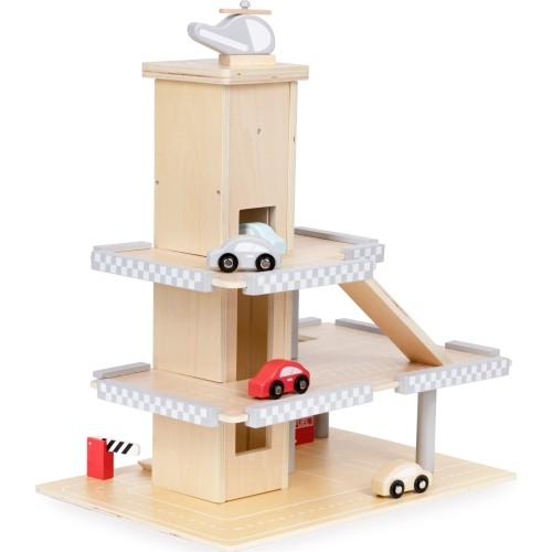 Duży drewniany tor z garażem, parkingiem i windą + samochody ECOTOYS