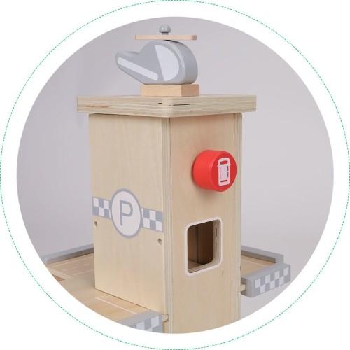 Duży drewniany tor garaż parking z windą + autka ECOTOYS