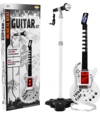 Gitara elektryczna ze statywem i mikrofonem, biała