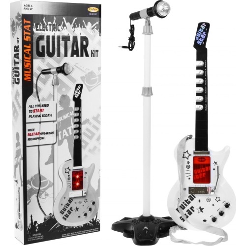 Gitara elektryczna ze statywem i mikrofonem, biała