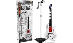 Gitara elektryczna ze statywem i mikrofonem, biała