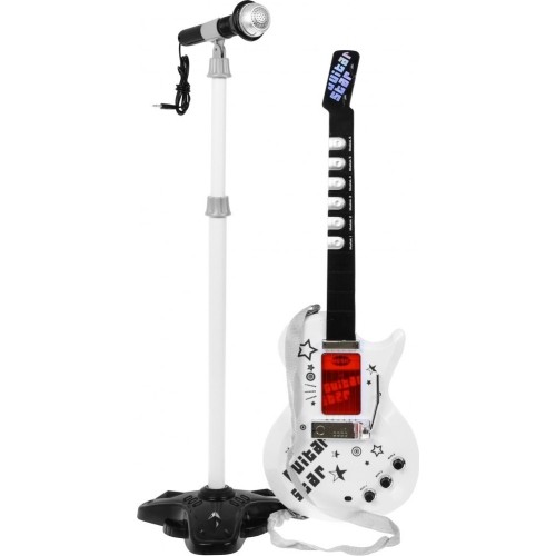 Gitara elektryczna ze statywem i mikrofonem, biała