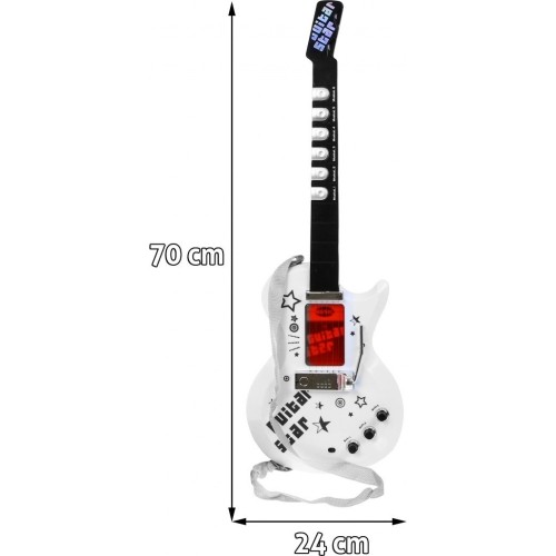 Gitara elektryczna ze statywem i mikrofonem, biała