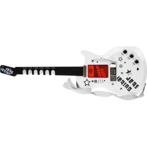 Gitara elektryczna ze statywem i mikrofonem, biała